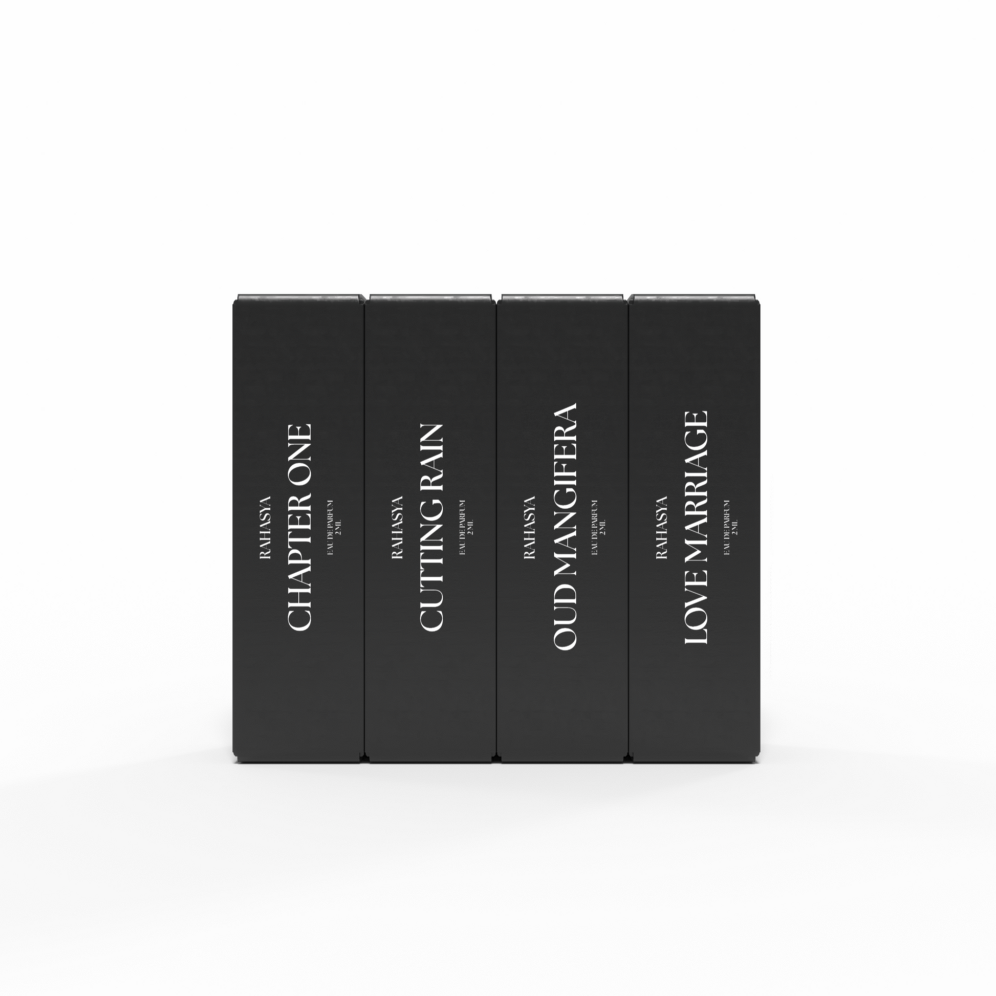 Close up shot of four black Rahasya Fragrances 2ml boxes in the debut collection