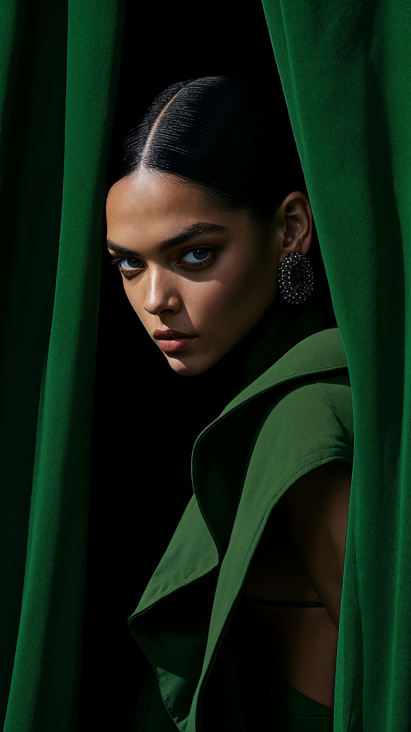 Rahasya Fragrances Indian model in between green curtains peering through them, staring confidently at the camera