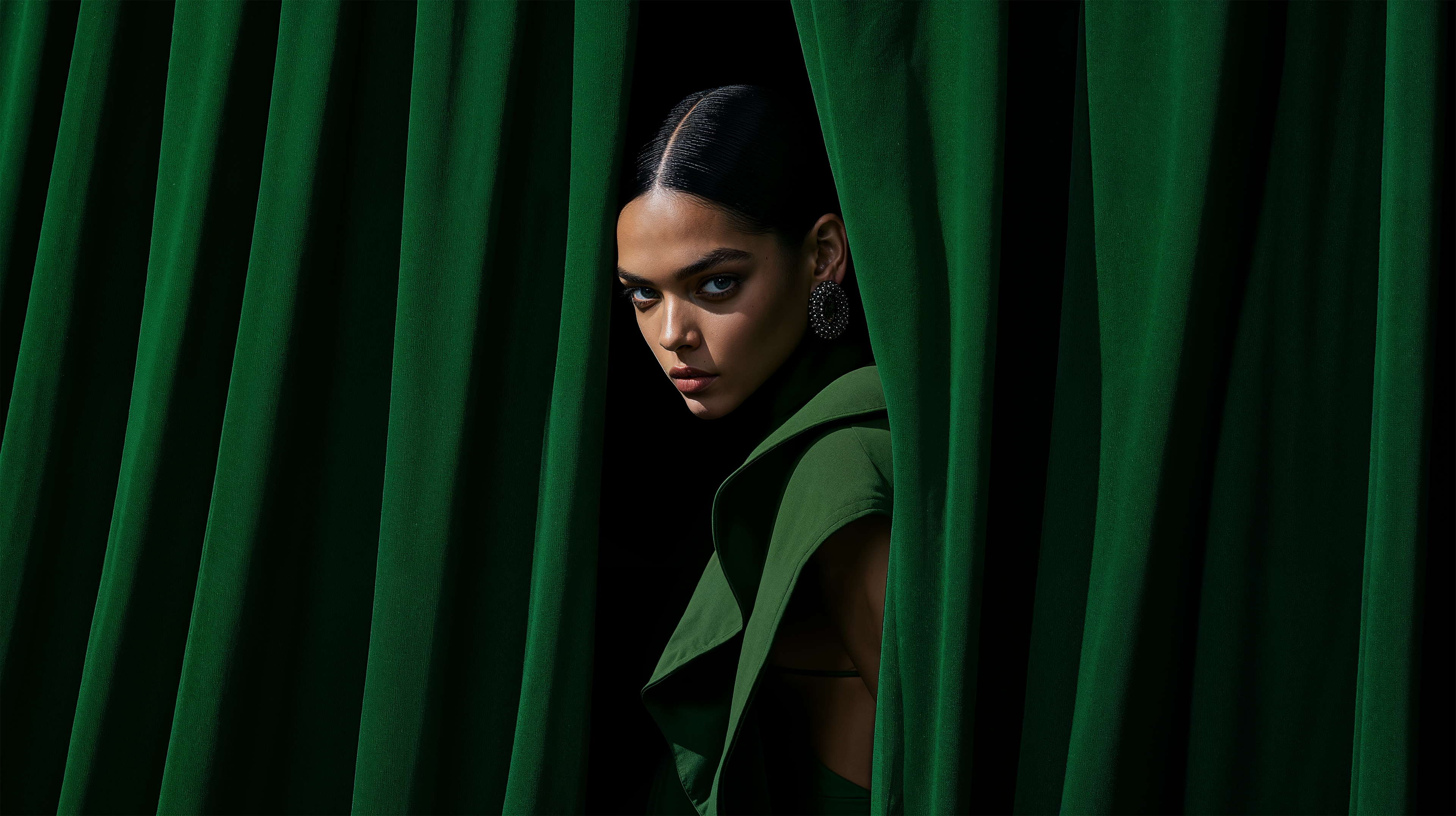 Rahasya Fragrances Indian model in between green curtains peering through them, staring confidently at the camera