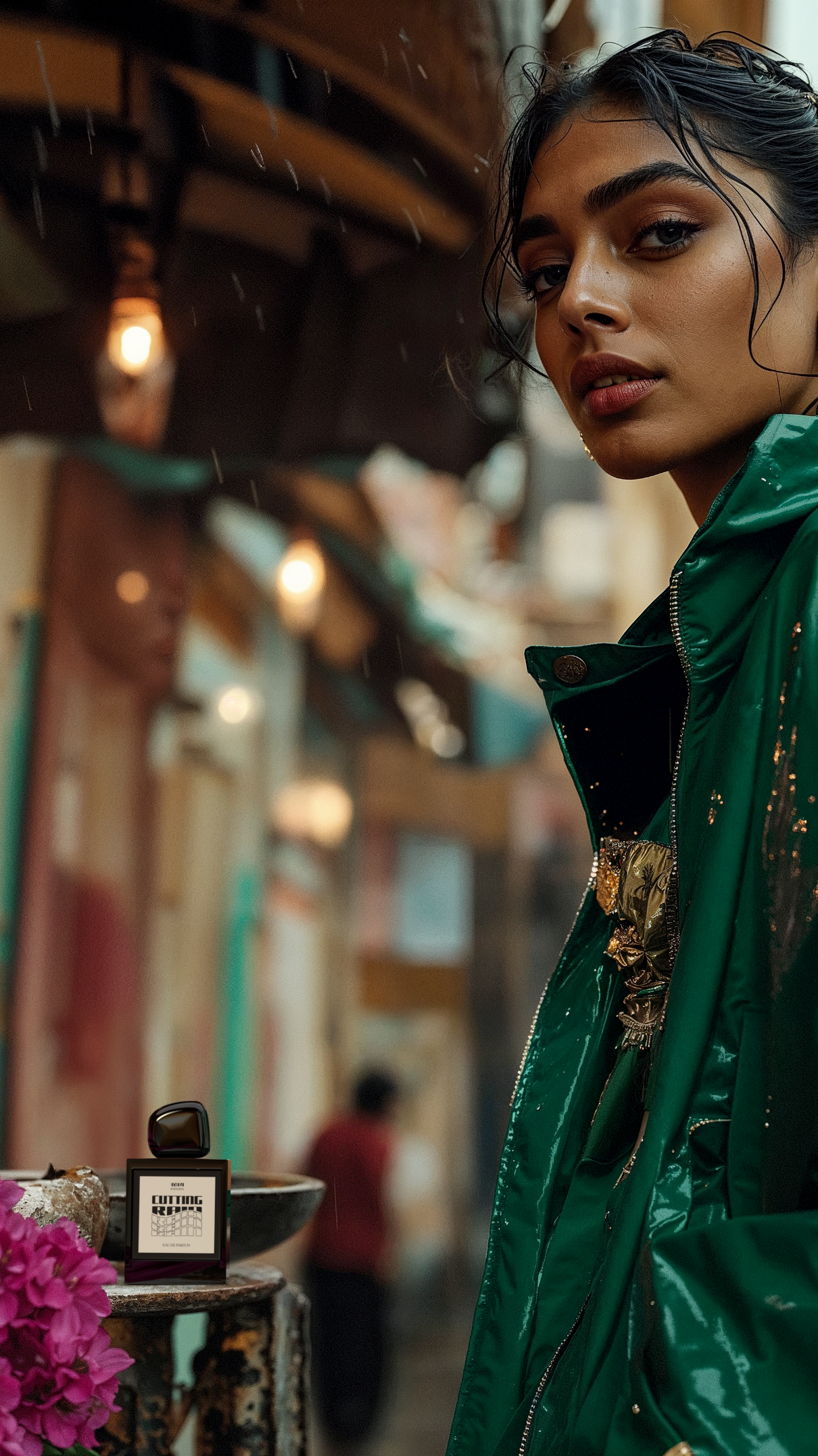 Cutting Rain Rahasya Fragrances model entering into a tea shop in the hill side of India