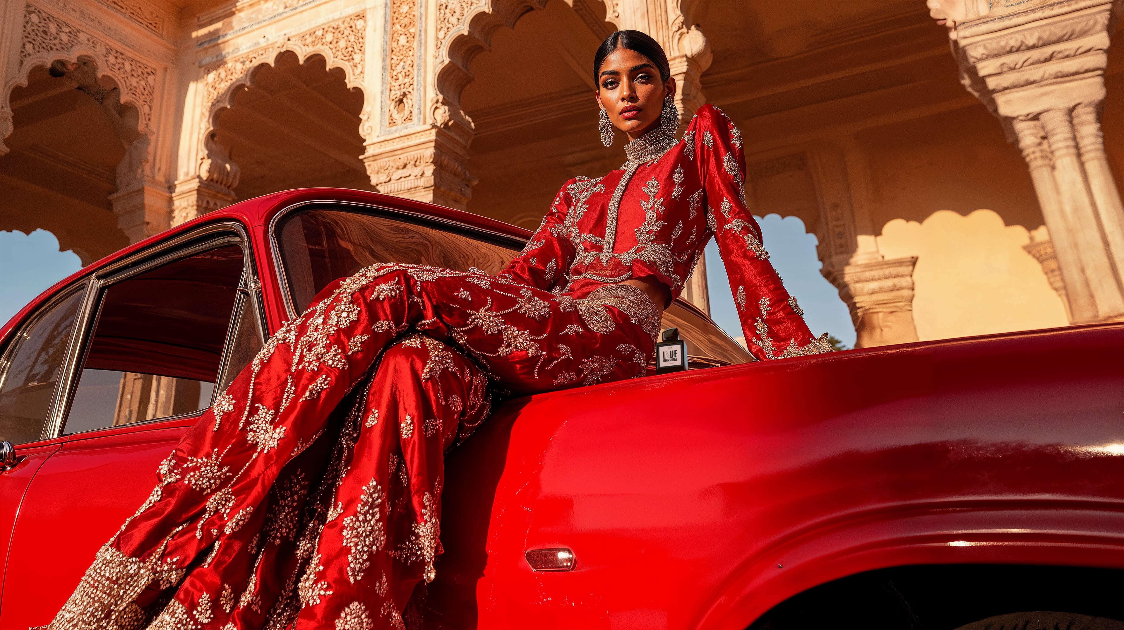 Love Marriage Rahasya Fragrances model in an extravagant outfit sitting on the trunk of a vintage car, parked in a palatial foyer